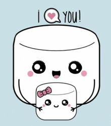 a cartoon drawing of a marshmallow holding another marshmallow with the words i love you .