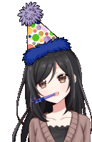 a girl with long black hair wearing a party hat and holding a party horn