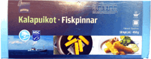 a box of kalapuikot fiskpinnar has a picture of a boat on the front