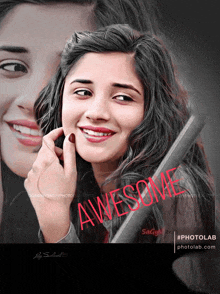 a picture of a girl with the word awesome written on it