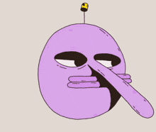 a cartoon of a purple face with a yellow capsule on top