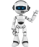 a white robot wearing headphones and a headset waving