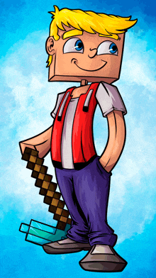 a cartoon drawing of a boy holding a minecraft diamond pickaxe