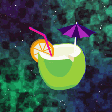 a green coconut with an orange slice and a purple umbrella on top