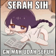 a girl is laying on a bed reading a book and a meme .