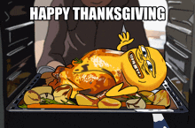 a cartoon illustration of a roasted turkey with the words happy thanksgiving below it