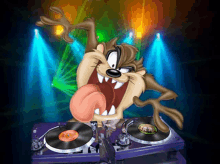 a cartoon character with a tongue sticking out is playing records on a turntable