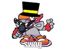 a cartoon character wearing a top hat and sunglasses is holding a microphone and the word swag is on the bottom