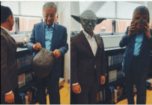 a man in a suit is standing next to a man wearing a yoda mask