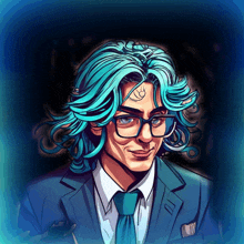 a man with blue hair and glasses is wearing a suit