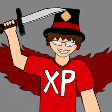 a boy wearing a red xp shirt holds a sword over his head