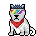 a pixel art of a dog wearing a crown , sunglasses and a bandana .