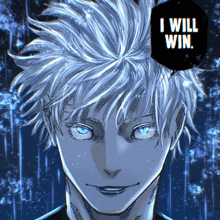 a close up of a person 's face with a speech bubble that says " i will win "