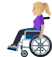 a woman in a purple shirt sits in a blue wheelchair