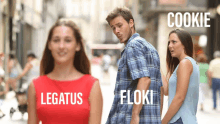 a woman in a red dress is looking at a man in a plaid shirt with the words legatus and floki on the bottom