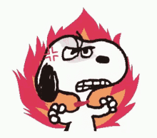 a cartoon of snoopy with an angry look on his face surrounded by fire .