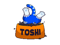 a blue cat is sticking its head out of a bowl that says " toshi "