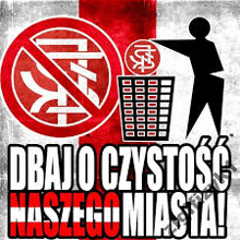 a poster with a man throwing a coin into a trash can and the words " dbajo czystośc naszego miasta "