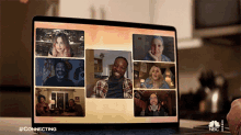 a laptop screen shows a group of people on a video call with the #connecting hashtag