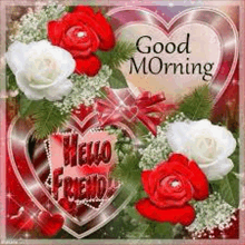 a good morning greeting card with roses and hearts