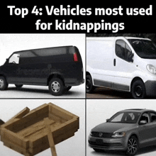 top 4 vehicles most used for kidnappings including a van a car and a wooden box