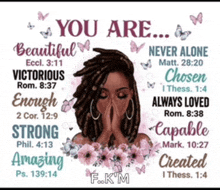 a poster that says you are beautiful never alone victorious enough strong capable amazing created