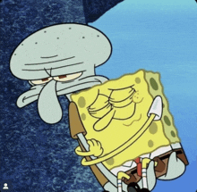 spongebob and squidward from spongebob squarepants are hugging each other