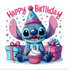 a cartoon of stitch holding a cupcake with a candle and the words happy birthday