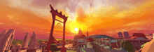 a video game scene with a sunset in the background