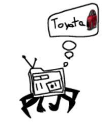 a drawing of a tv with a speech bubble saying toyota