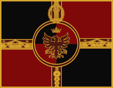 a red black and gold flag with a crowned eagle in the center