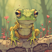 a frog is sitting on a branch with flowers behind it