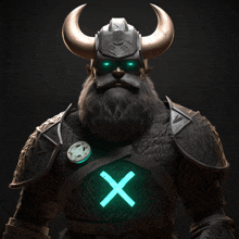 a man with horns and a beard has a green x on his chest