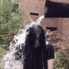 a woman with long black hair is standing in front of a waterfall with water pouring on her head .