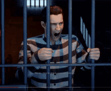 a man in a striped shirt is behind bars with the words tommy on the bottom right