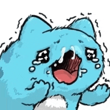 a blue cat is crying with its mouth open and tears coming out of its eyes .