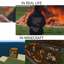 a picture of a man standing in front of a fire with the words in real life in minecraft on the bottom