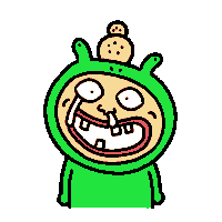 a cartoon character is wearing a green frog costume and has a bunch of cookies on his head