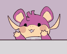 a cartoon drawing of a purple and yellow mouse with a white mouth