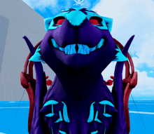 a purple and blue monster with red eyes and a pirate hat on its head