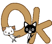 a dog and a cat standing next to a large ok sign