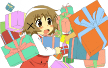 a girl is carrying a bunch of presents and has an x on her face