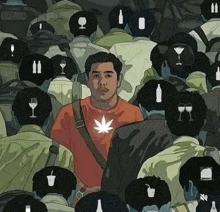 a man in an orange shirt with a marijuana leaf on it stands in a crowd