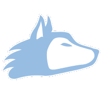 a blue and white drawing of a wolf 's head on a white background