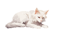 a white cat is laying down and looking at the camera with a white background