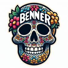 a sugar skull with flowers on it and the word benner above it