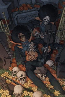 rumbar pirates laying in a cemetery with skulls and flowers