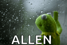 a kermit the frog looking out a window with the name allen written on the bottom