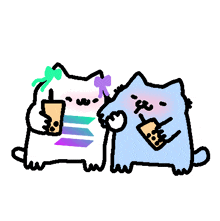 two cartoon cats are drinking bubble tea together