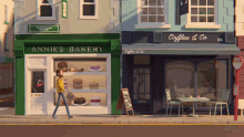 a man walks past annies bakery and coffee & co